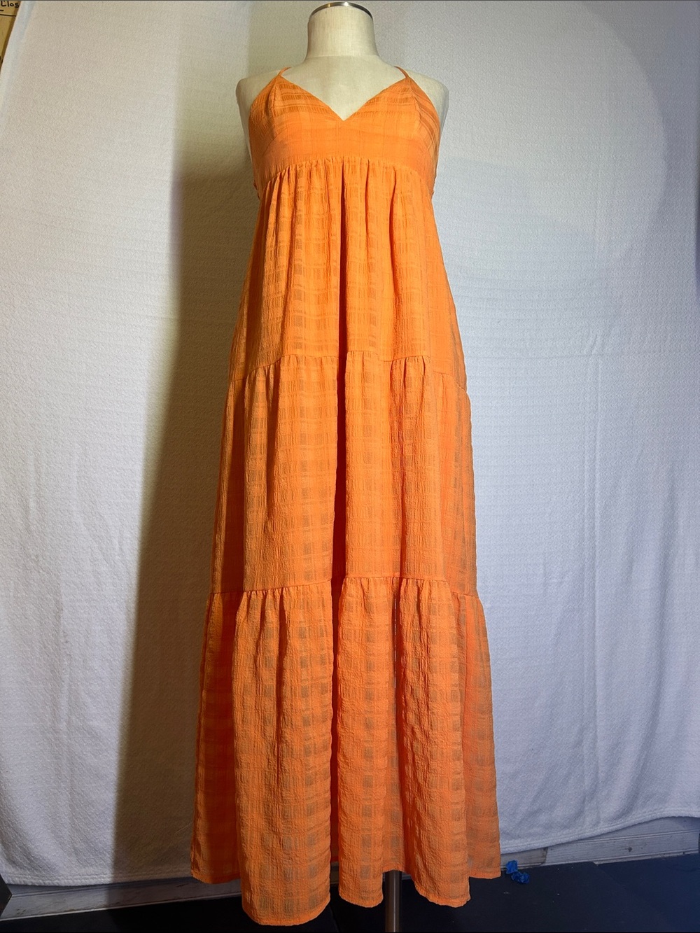 Aqua Bright Orange Backless Tiered Maxi Dress